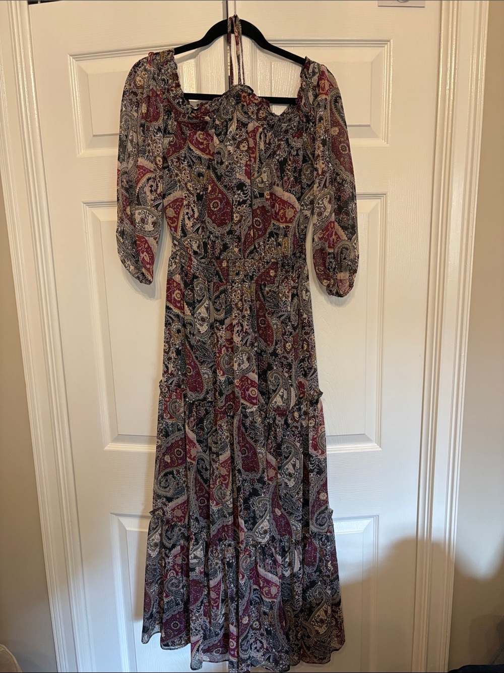 1. State Burgundy and Black Off Shoulder Paisley Maxi Dress